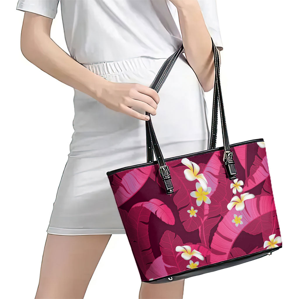 Pink Banana Leaf Hawaii Leather Tote Bag Lau Maia Plumeria Tropical Summer Vibes