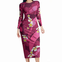 Pink Banana Leaf Hawaii Long Sleeve Bodycon Dress Lau Maia Plumeria Tropical Summer Vibes