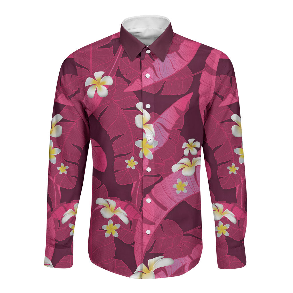 Pink Banana Leaf Hawaii Long Sleeve Button Shirt Lau Maia Plumeria Tropical Summer Vibes
