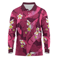 Pink Banana Leaf Hawaii Long Sleeve Polo Shirt Lau Maia Plumeria Tropical Summer Vibes