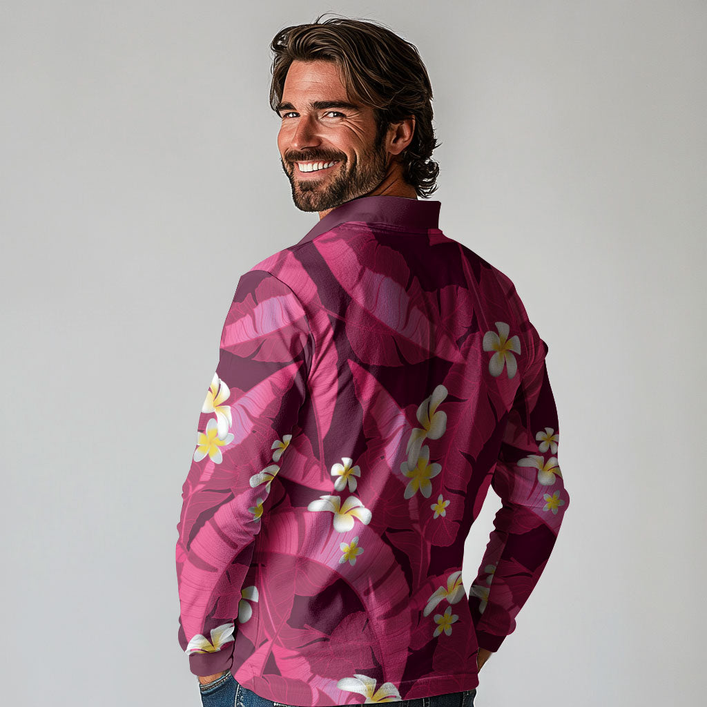 Pink Banana Leaf Hawaii Long Sleeve Polo Shirt Lau Maia Plumeria Tropical Summer Vibes