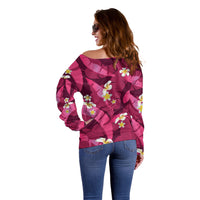 Pink Banana Leaf Hawaii Off Shoulder Sweater Lau Maia Plumeria Tropical Summer Vibes