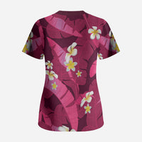 Pink Banana Leaf Hawaii Scrub Top Lau Maia Plumeria Tropical Summer Vibes