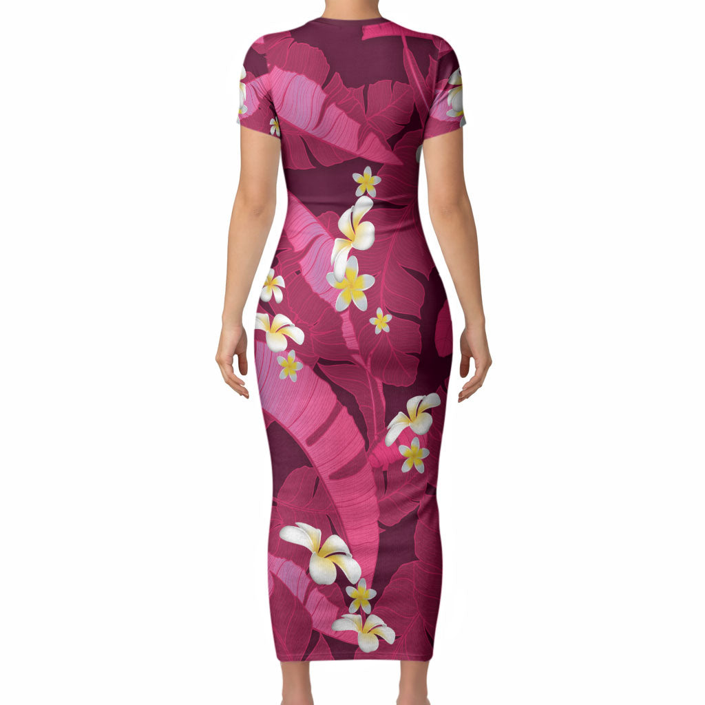 Pink Banana Leaf Hawaii Short Sleeve Bodycon Dress Lau Maia Plumeria Tropical Summer Vibes