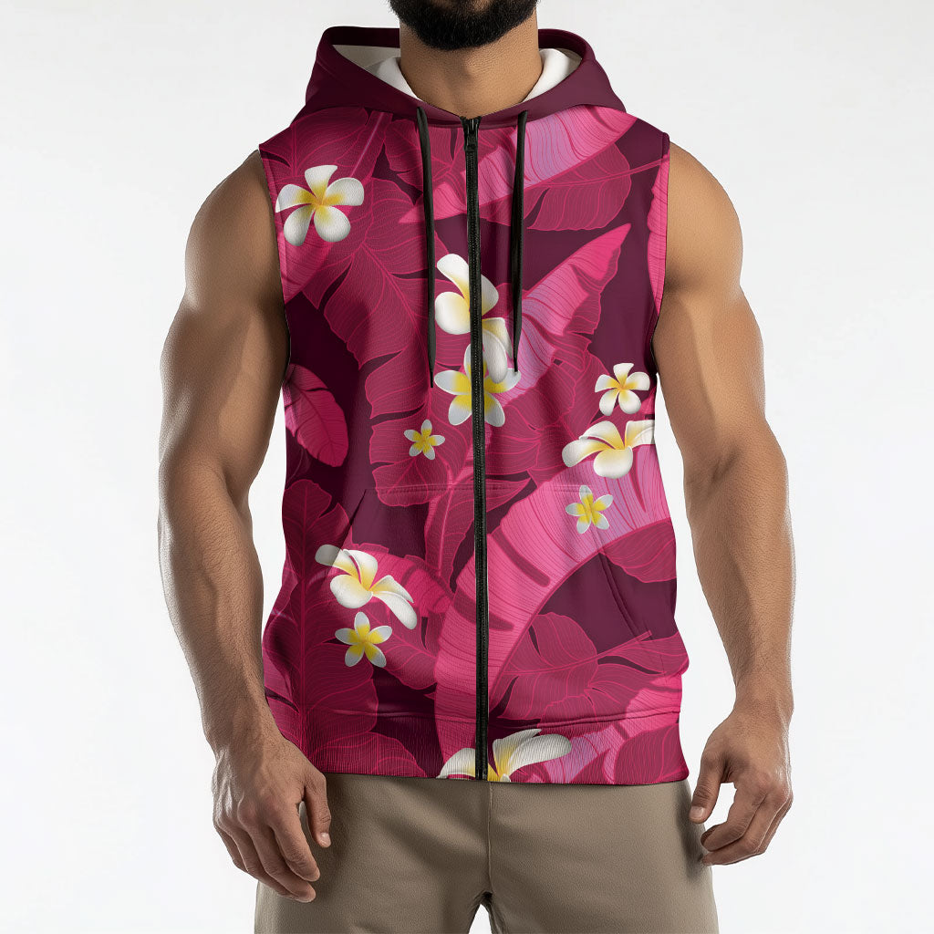 Pink Banana Leaf Hawaii Sleeveless Zip Hoodie Lau Maia Plumeria Tropical Summer Vibes