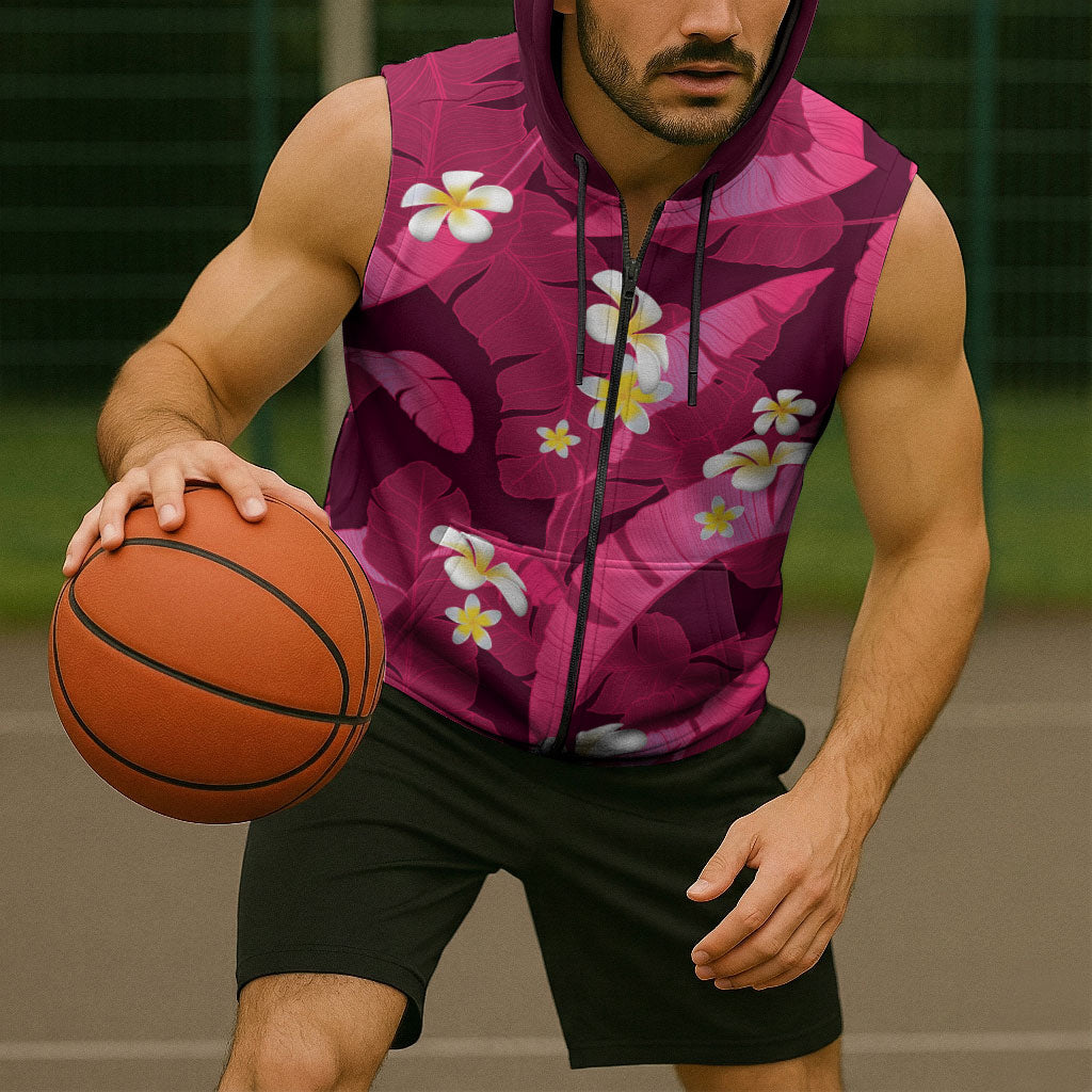 Pink Banana Leaf Hawaii Sleeveless Zip Hoodie Lau Maia Plumeria Tropical Summer Vibes