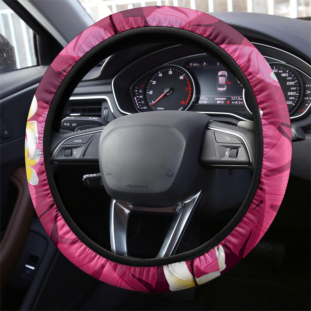 Pink Banana Leaf Hawaii Steering Wheel Cover Lau Maia Plumeria Tropical Summer Vibes
