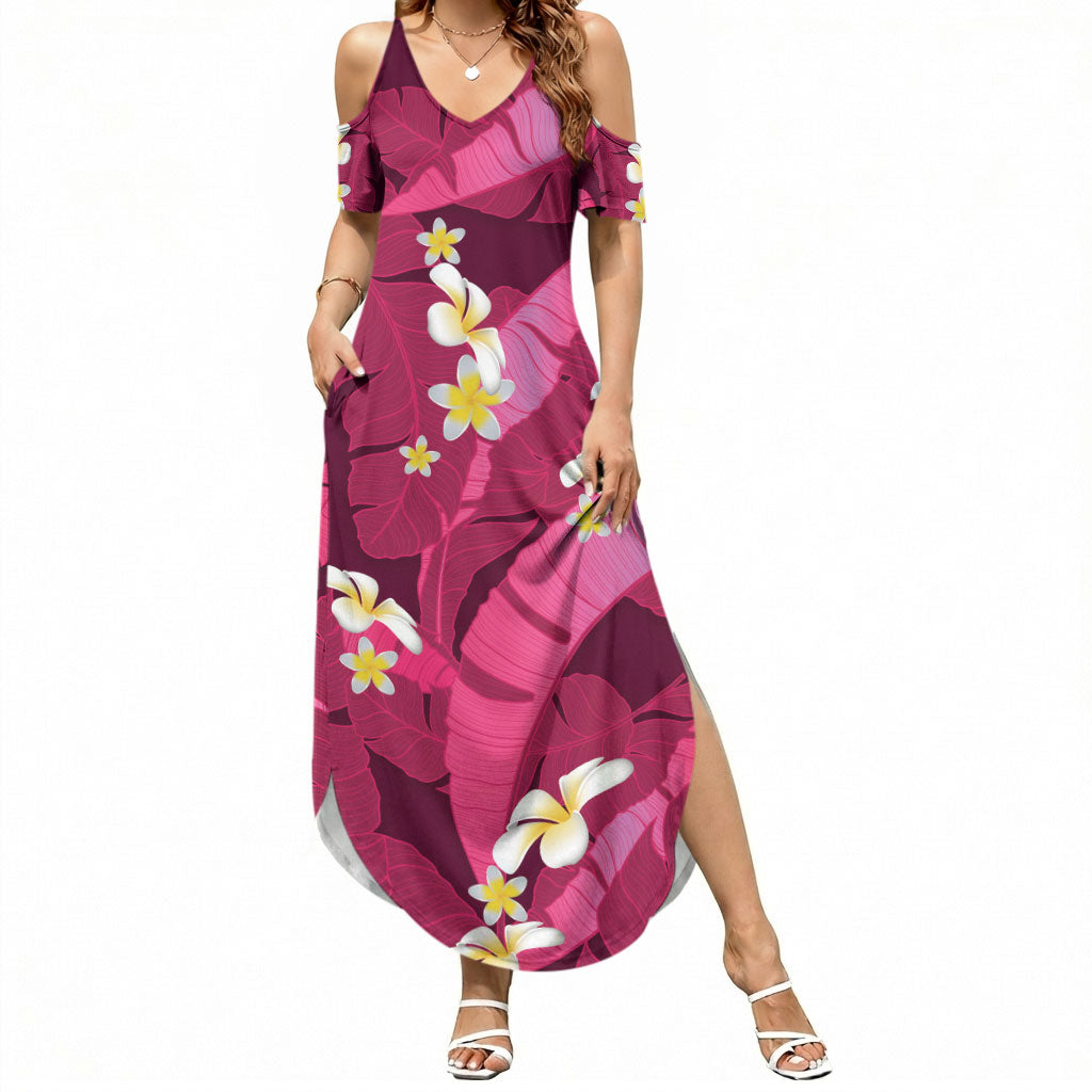 Pink Banana Leaf Hawaii Summer Maxi Dress Lau Maia Plumeria Tropical Summer Vibes