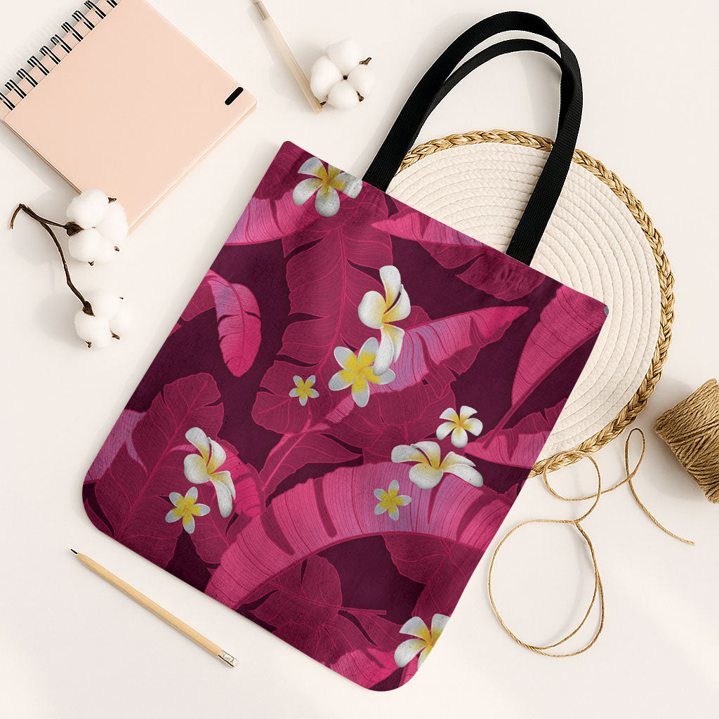Pink Banana Leaf Hawaii Tote Bag Lau Maia Plumeria Tropical Summer Vibes
