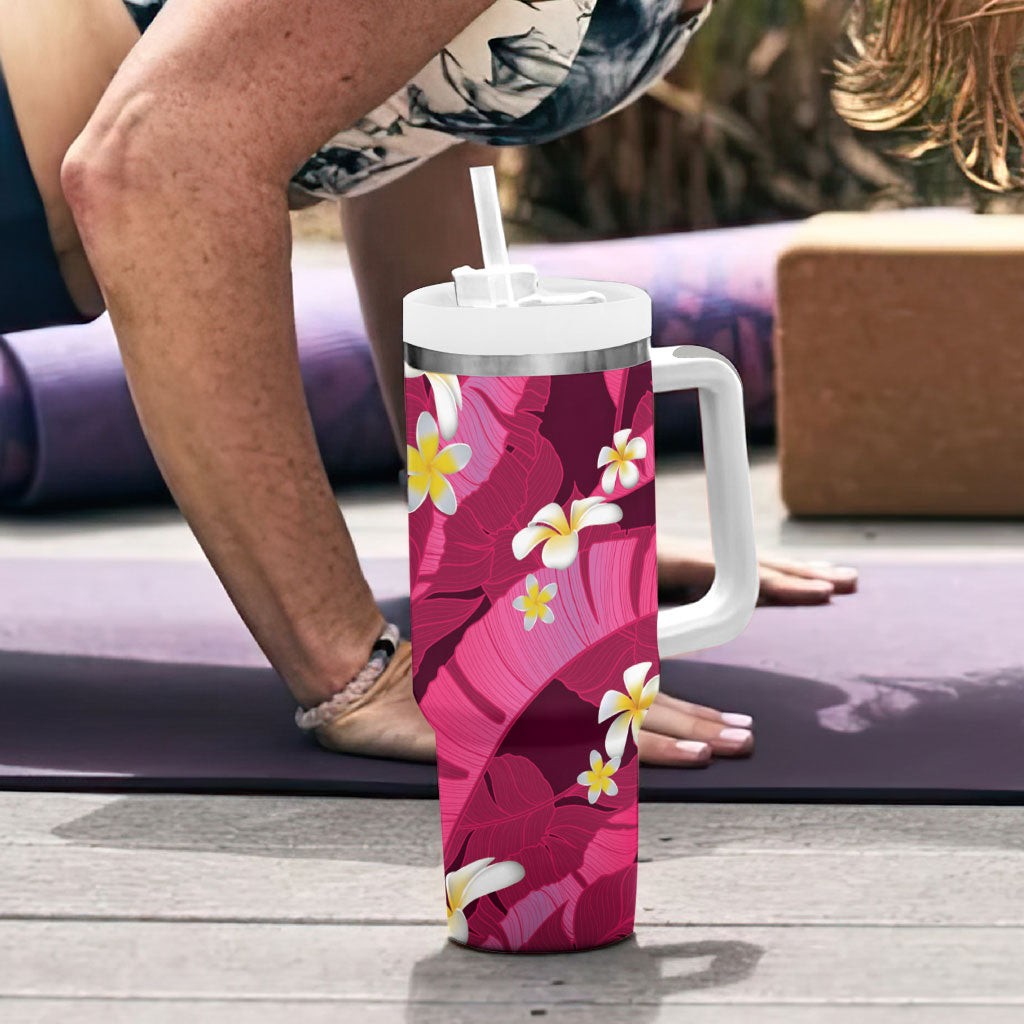 Pink Banana Leaf Hawaii Tumbler With Handle Lau Maia Plumeria Tropical Summer Vibes