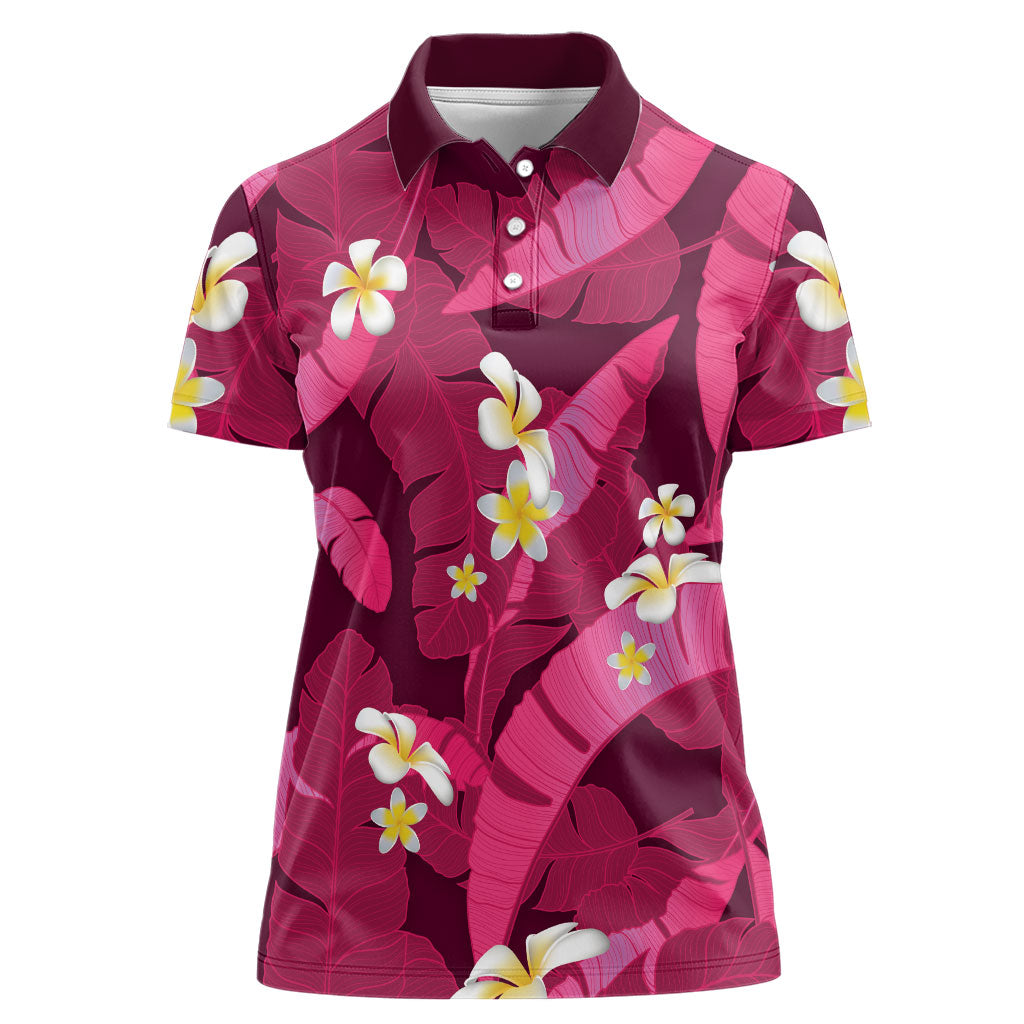 Pink Banana Leaf Hawaii Women Polo Shirt Lau Maia Plumeria Tropical Summer Vibes