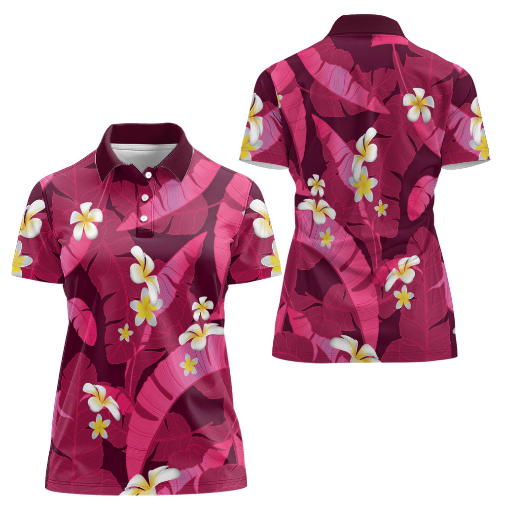 Pink Banana Leaf Hawaii Women Polo Shirt Lau Maia Plumeria Tropical Summer Vibes