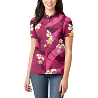 Pink Banana Leaf Hawaii Women Polo Shirt Lau Maia Plumeria Tropical Summer Vibes
