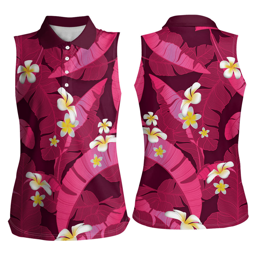 Pink Banana Leaf Hawaii Women Sleeveless Polo Shirt Lau Maia Plumeria Tropical Summer Vibes