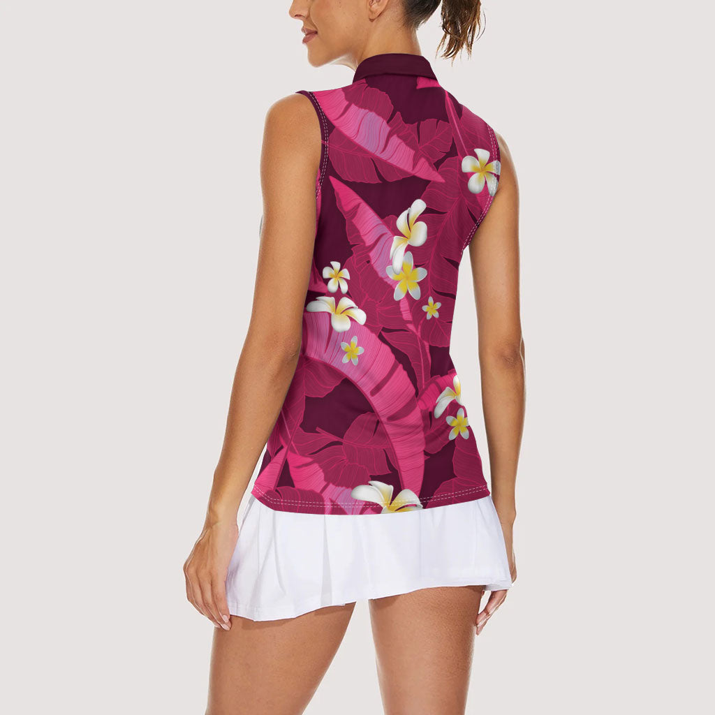 Pink Banana Leaf Hawaii Women Sleeveless Polo Shirt Lau Maia Plumeria Tropical Summer Vibes