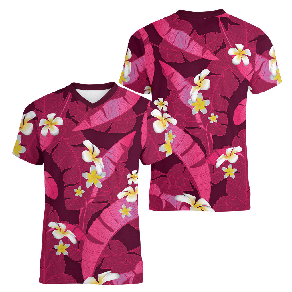 Pink Banana Leaf Hawaii Women V-Neck T-Shirt Lau Maia Plumeria Tropical Summer Vibes
