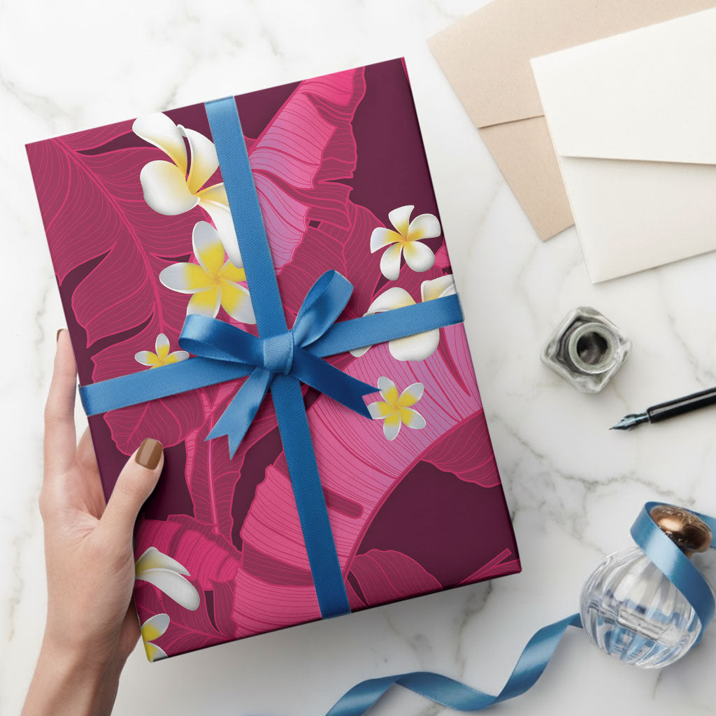 Pink Banana Leaf Hawaii Wrapping Paper Lau Maia Plumeria Tropical Summer Vibes