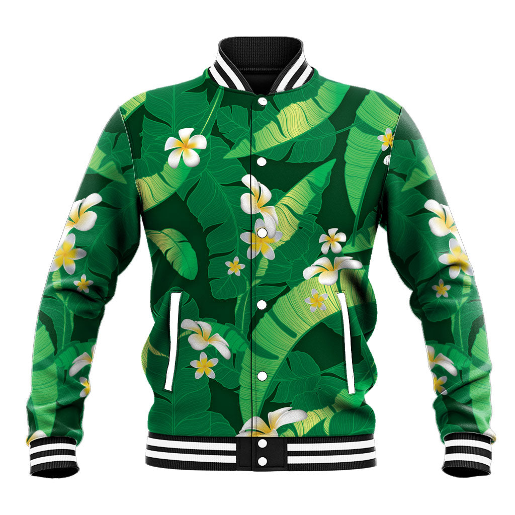 Green Banana Leaf Hawaii Baseball Jacket Lau Maia Plumeria Tropical Summer Vibes