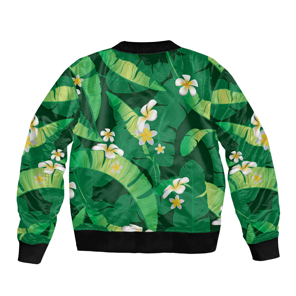 Green Banana Leaf Hawaii Bomber Jacket Lau Maia Plumeria Tropical Summer Vibes