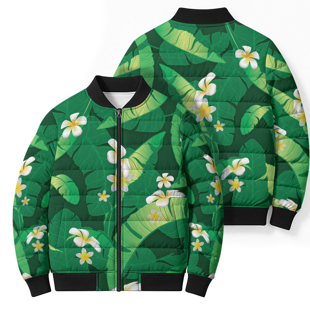Green Banana Leaf Hawaii Bomber Puffer Jacket Lau Maia Plumeria Tropical Summer Vibes