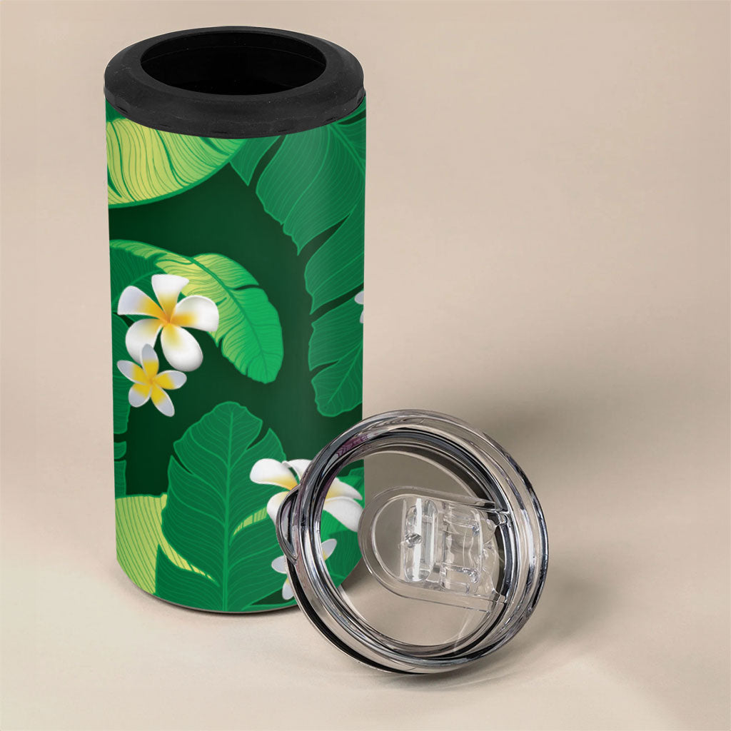 Green Banana Leaf Hawaii 4 in 1 Can Cooler Tumbler Lau Maia Plumeria Tropical Summer Vibes