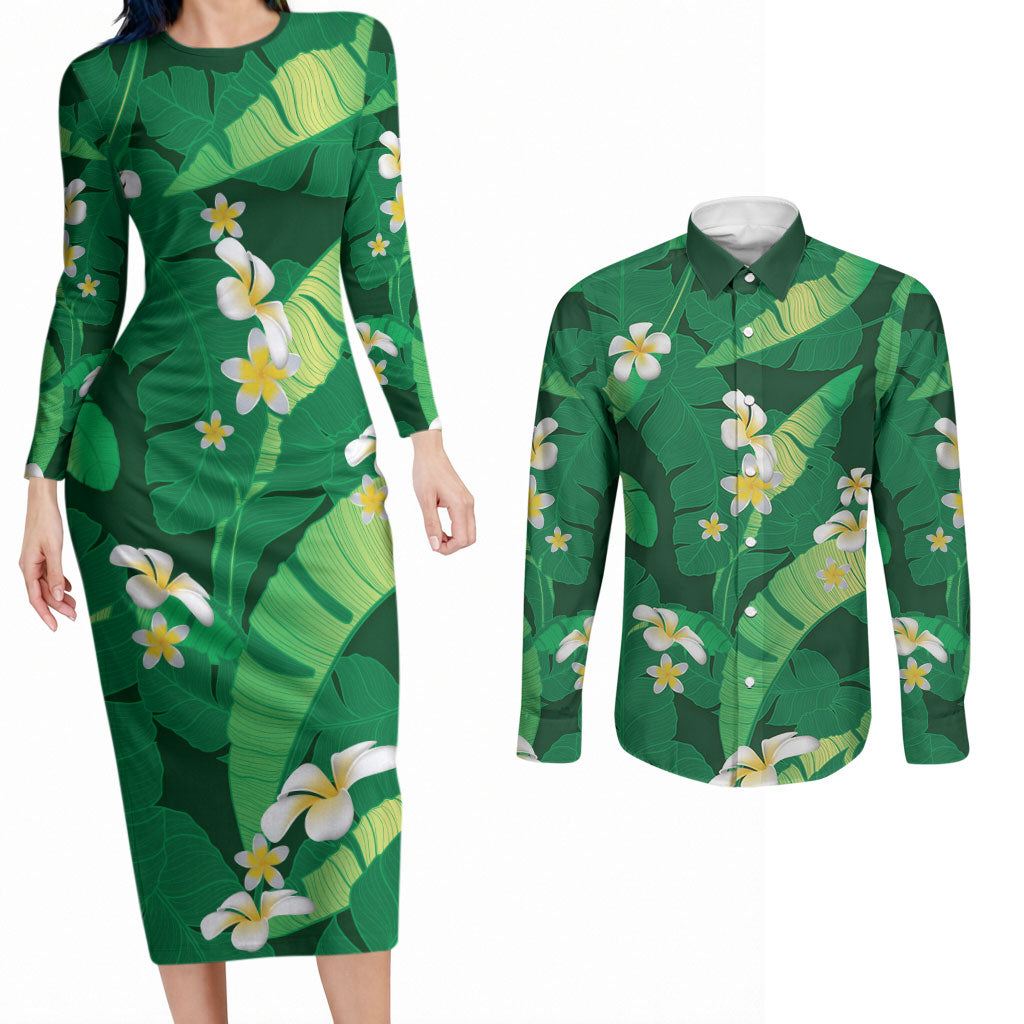 Green Banana Leaf Hawaii Couples Matching Long Sleeve Bodycon Dress and Long Sleeve Button Shirt Lau Maia Plumeria Tropical Summer Vibes
