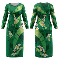 Green Banana Leaf Hawaii Couples Matching Long Sleeve Bodycon Dress and Long Sleeve Button Shirt Lau Maia Plumeria Tropical Summer Vibes