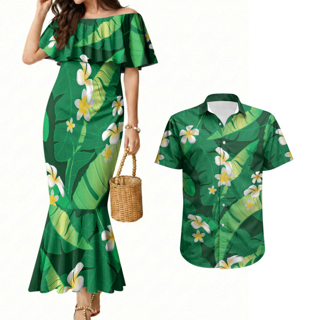 Green Banana Leaf Hawaii Couples Matching Mermaid Dress and Hawaiian Shirt Lau Maia Plumeria Tropical Summer Vibes LT14 Green - Polynesian Pride