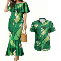Green Banana Leaf Hawaii Couples Matching Mermaid Dress and Hawaiian Shirt Lau Maia Plumeria Tropical Summer Vibes