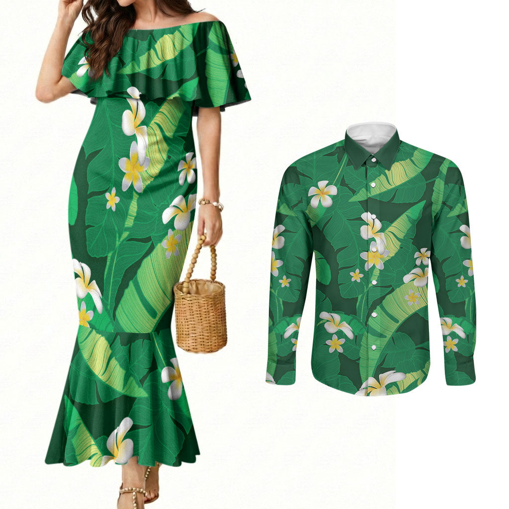 Green Banana Leaf Hawaii Couples Matching Mermaid Dress and Long Sleeve Button Shirt Lau Maia Plumeria Tropical Summer Vibes