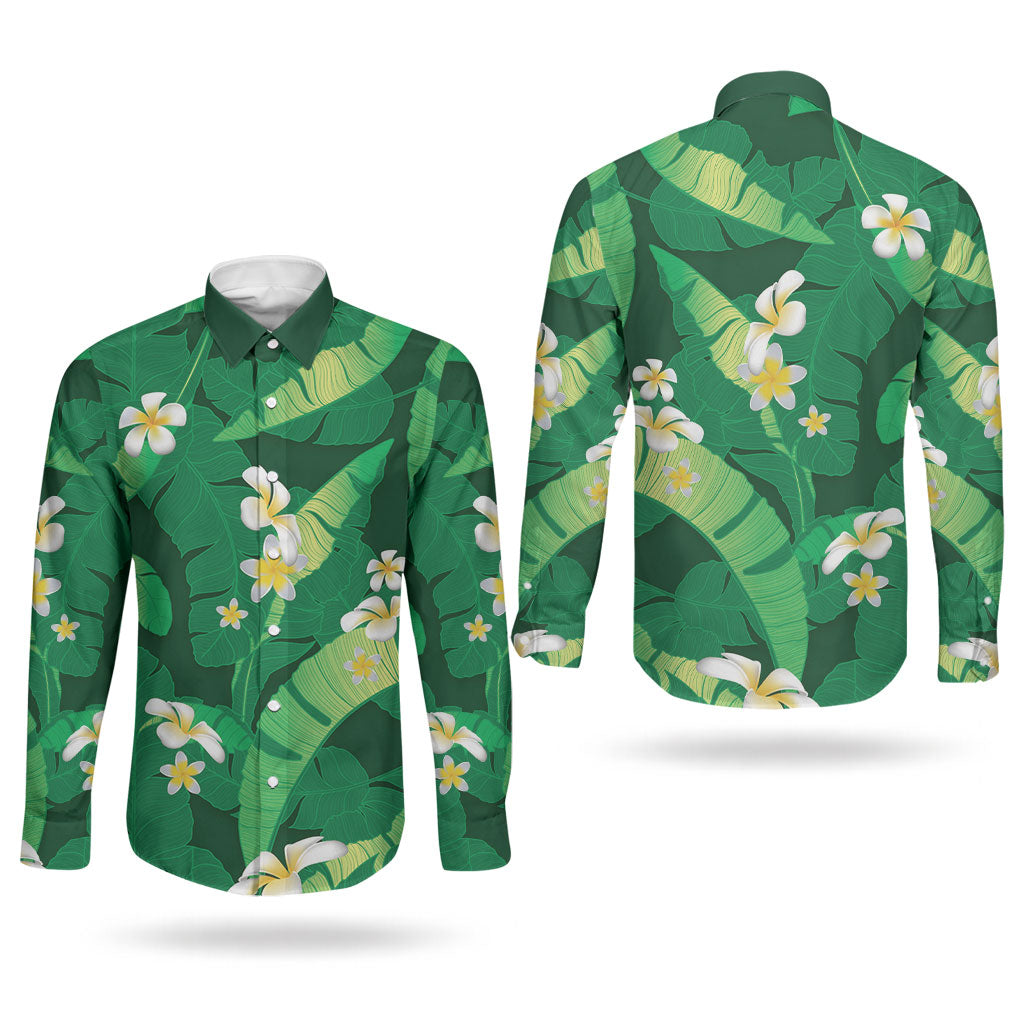 Green Banana Leaf Hawaii Couples Matching Off Shoulder Short Dress and Long Sleeve Button Shirt Lau Maia Plumeria Tropical Summer Vibes