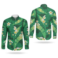 Green Banana Leaf Hawaii Couples Matching Off Shoulder Short Dress and Long Sleeve Button Shirt Lau Maia Plumeria Tropical Summer Vibes