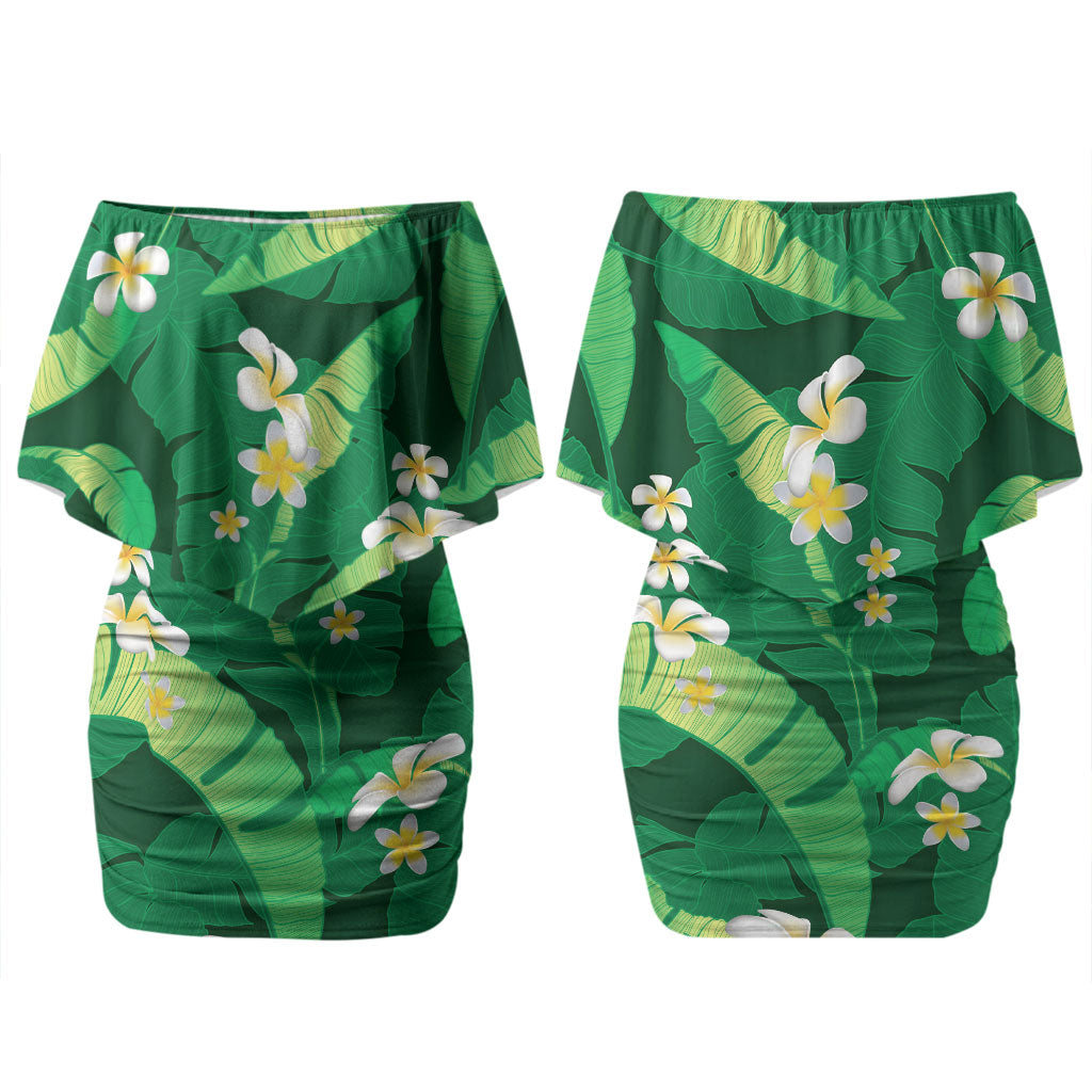 Green Banana Leaf Hawaii Couples Matching Off Shoulder Short Dress and Long Sleeve Button Shirt Lau Maia Plumeria Tropical Summer Vibes