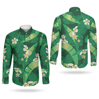 Green Banana Leaf Hawaii Couples Matching Off The Shoulder Long Sleeve Dress and Long Sleeve Button Shirt Lau Maia Plumeria Tropical Summer Vibes