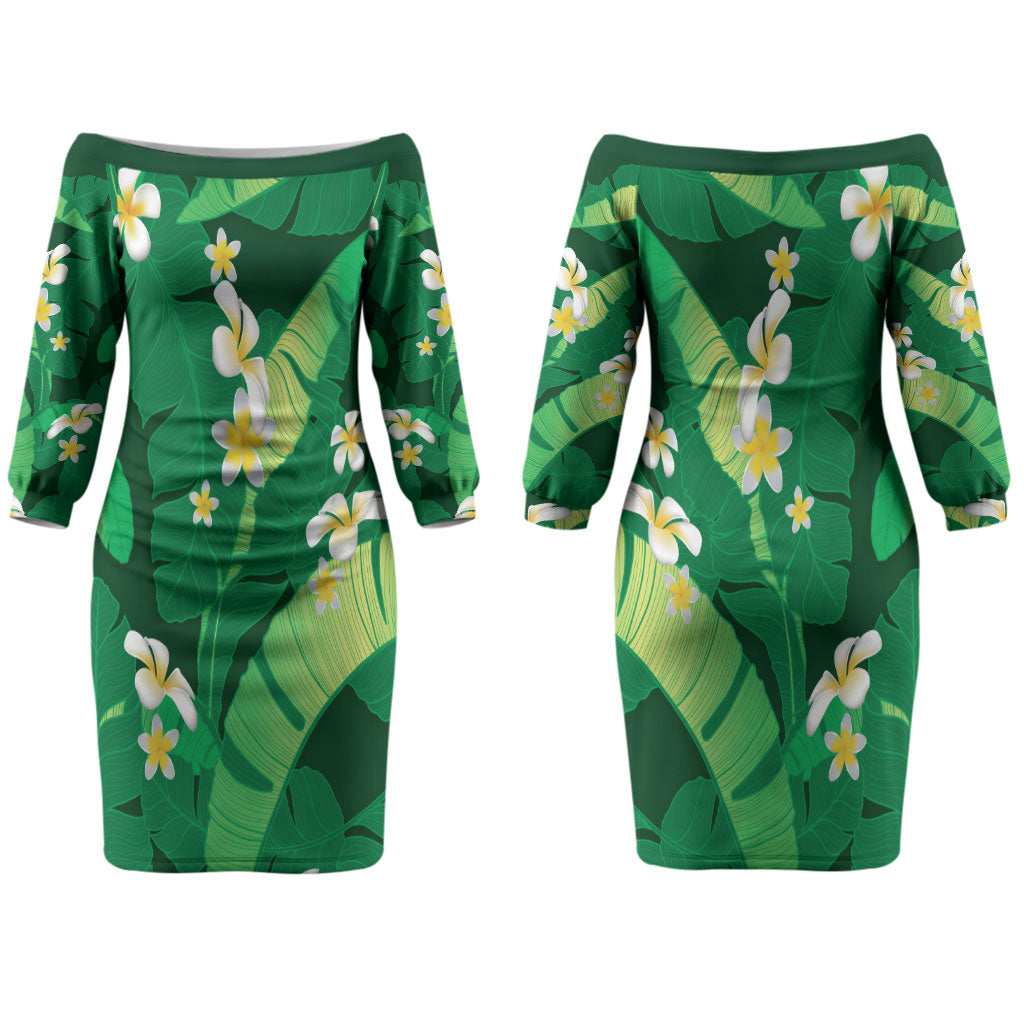 Green Banana Leaf Hawaii Couples Matching Off The Shoulder Long Sleeve Dress and Long Sleeve Button Shirt Lau Maia Plumeria Tropical Summer Vibes