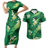 Green Banana Leaf Hawaii Couples Matching Short Sleeve Bodycon Dress and Hawaiian Shirt Lau Maia Plumeria Tropical Summer Vibes