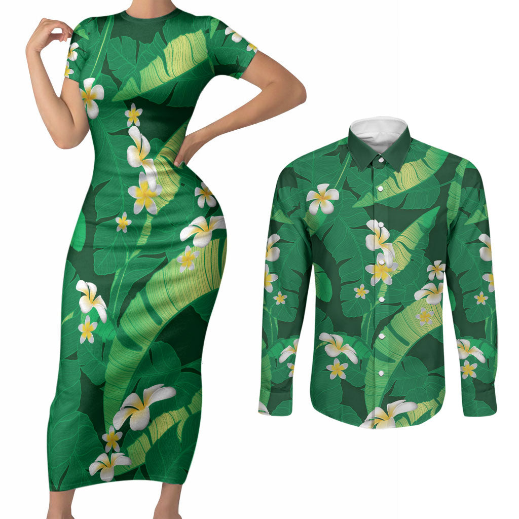 Green Banana Leaf Hawaii Couples Matching Short Sleeve Bodycon Dress and Long Sleeve Button Shirt Lau Maia Plumeria Tropical Summer Vibes