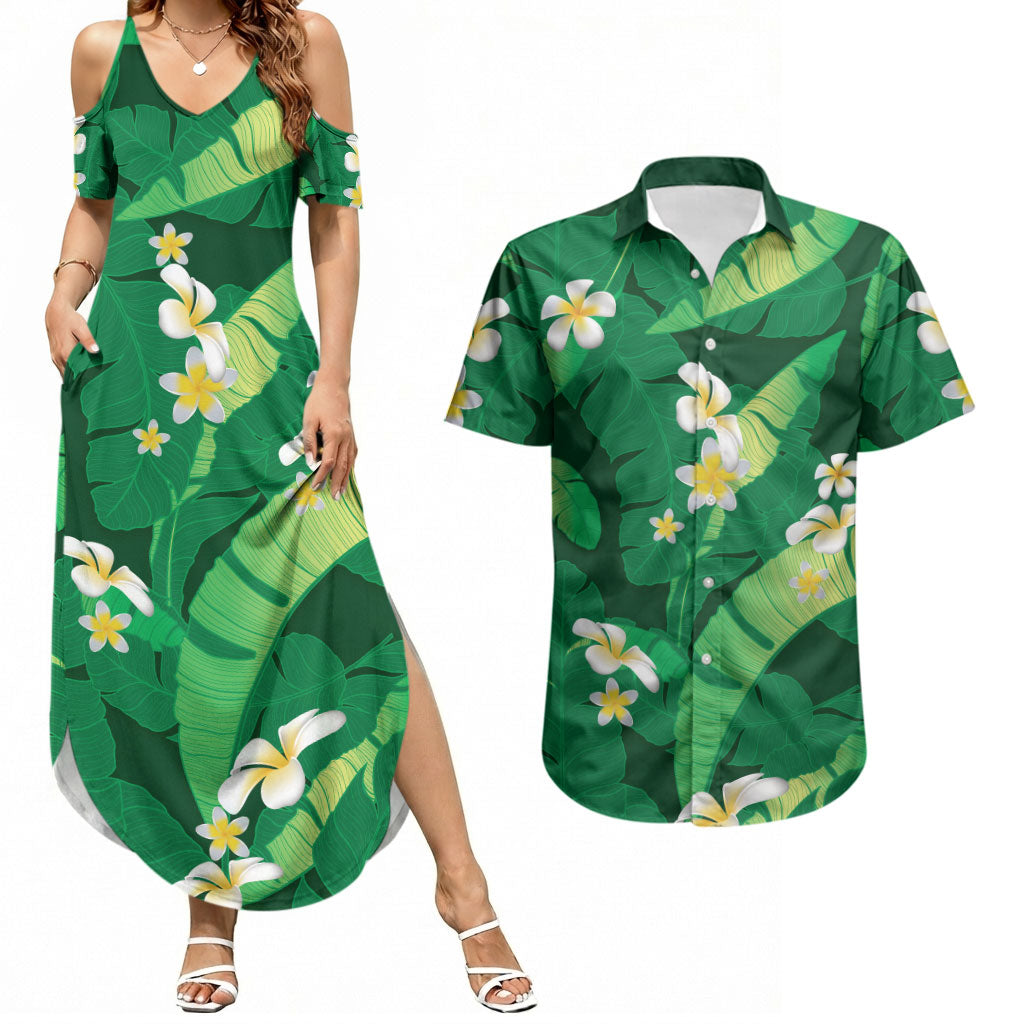 Green Banana Leaf Hawaii Couples Matching Summer Maxi Dress and Hawaiian Shirt Lau Maia Plumeria Tropical Summer Vibes