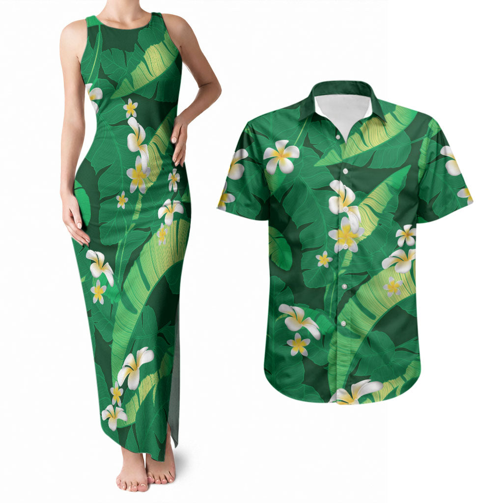 Green Banana Leaf Hawaii Couples Matching Tank Maxi Dress and Hawaiian Shirt Lau Maia Plumeria Tropical Summer Vibes