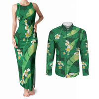 Green Banana Leaf Hawaii Couples Matching Tank Maxi Dress and Long Sleeve Button Shirt Lau Maia Plumeria Tropical Summer Vibes