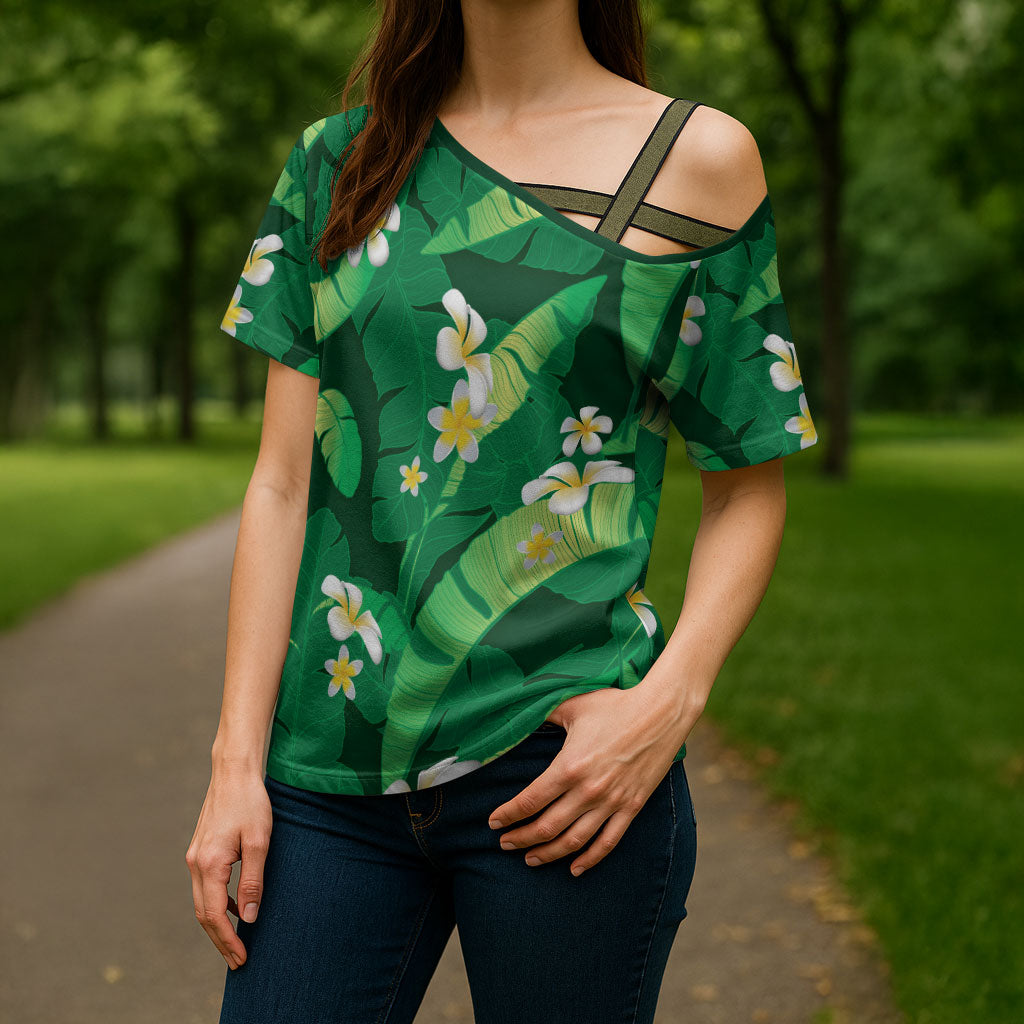 Green Banana Leaf Hawaii Cross Shoulder Shirt Lau Maia Plumeria Tropical Summer Vibes
