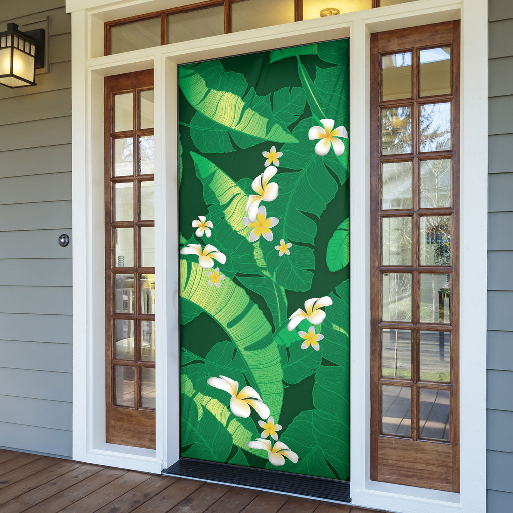 Green Banana Leaf Hawaii Door Cover Lau Maia Plumeria Tropical Summer Vibes