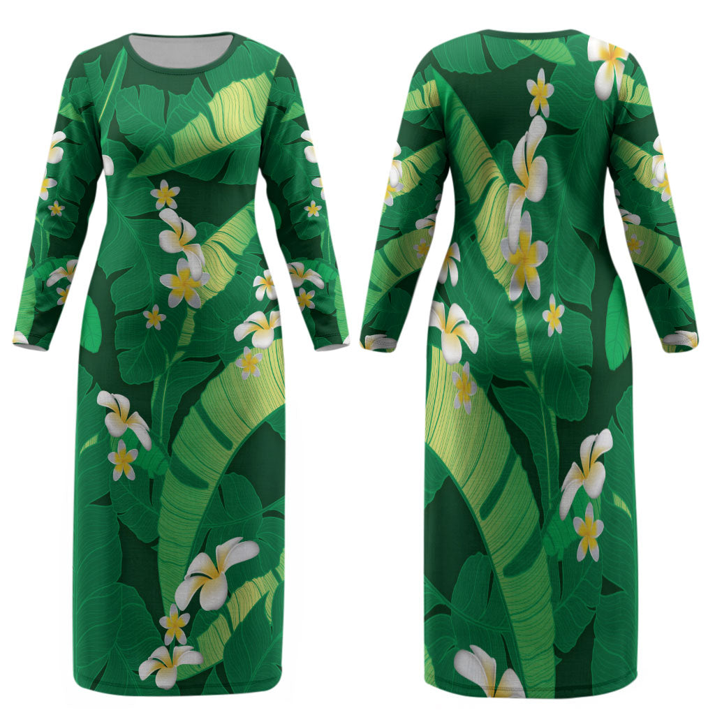 Green Banana Leaf Hawaii Family Matching Long Sleeve Bodycon Dress and Hawaiian Shirt Lau Maia Plumeria Tropical Summer Vibes