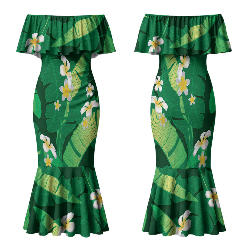 Green Banana Leaf Hawaii Family Matching Mermaid Dress and Hawaiian Shirt Lau Maia Plumeria Tropical Summer Vibes