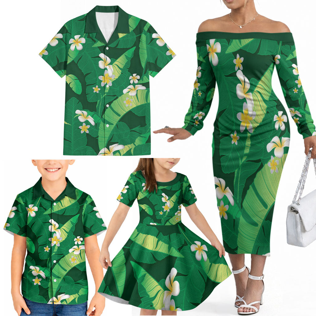 Green Banana Leaf Hawaii Family Matching Off The Shoulder Long Sleeve Dress and Hawaiian Shirt Lau Maia Plumeria Tropical Summer Vibes