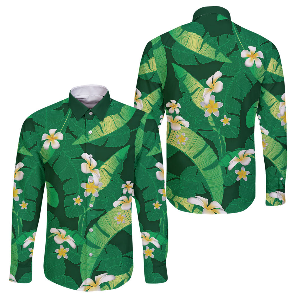 Green Banana Leaf Hawaii Family Matching Off The Shoulder Long Sleeve Dress and Hawaiian Shirt Lau Maia Plumeria Tropical Summer Vibes