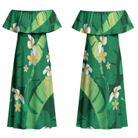 Green Banana Leaf Hawaii Family Matching Off Shoulder Maxi Dress and Hawaiian Shirt Lau Maia Plumeria Tropical Summer Vibes