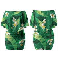 Green Banana Leaf Hawaii Family Matching Off Shoulder Short Dress and Hawaiian Shirt Lau Maia Plumeria Tropical Summer Vibes