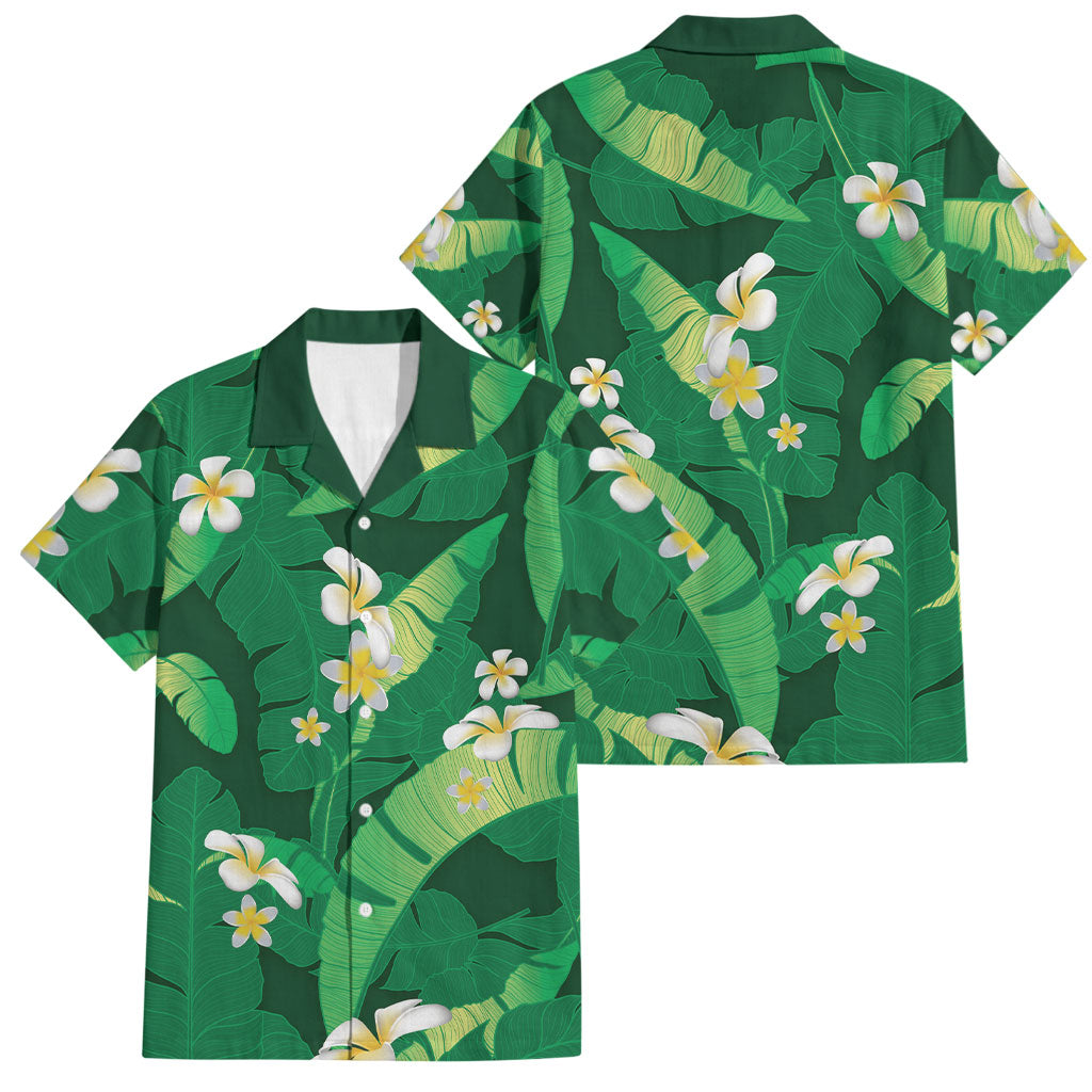 Green Banana Leaf Hawaii Family Matching Short Sleeve Bodycon Dress and Hawaiian Shirt Lau Maia Plumeria Tropical Summer Vibes