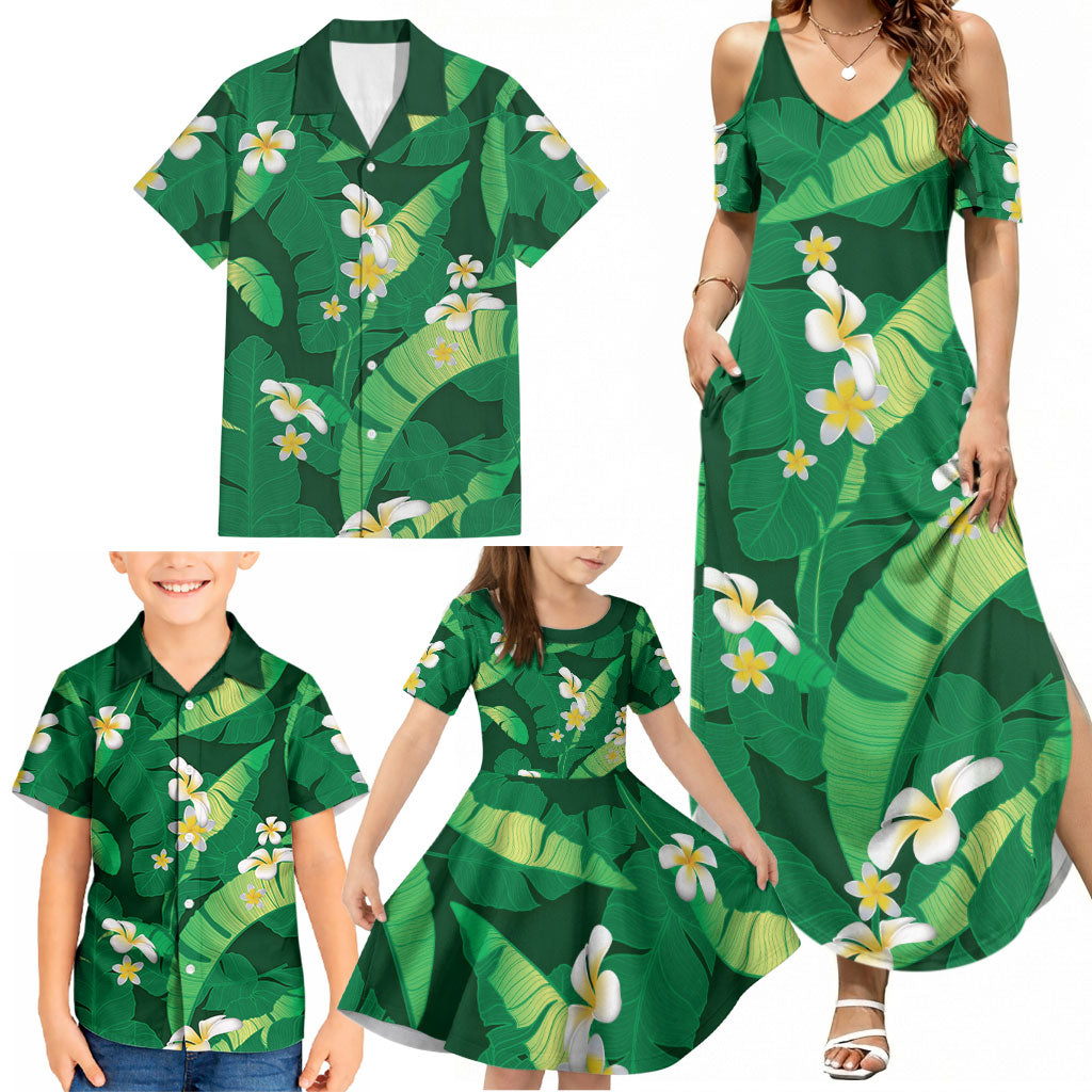 Green Banana Leaf Hawaii Family Matching Summer Maxi Dress and Hawaiian Shirt Lau Maia Plumeria Tropical Summer Vibes